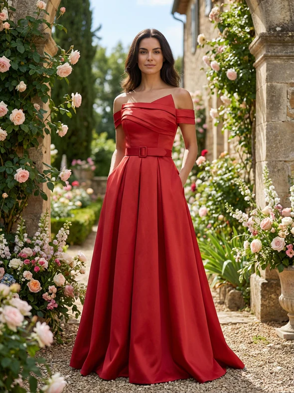 Long boat neck dress Red